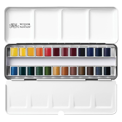 WINSOR & NEWTON PROFESSIONAL AQUARELLFARBE METALL-REISEKASTEN 24 HALBE NÄPFCHEN