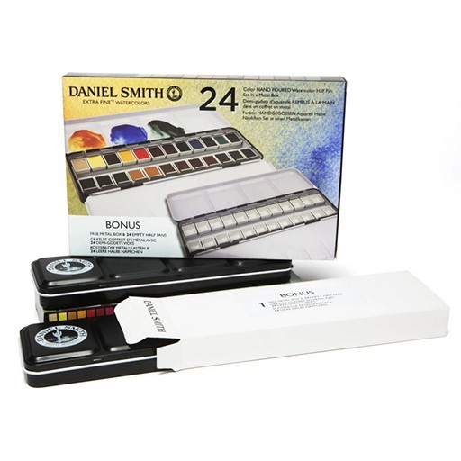 DANIEL SMITH WATERCOLOUR METAL TIN SET OF 24 HAND POURED HALF PANS AND EXTRA EMPTY STANDARD METAL BOX