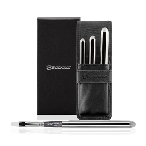 ESCODA BLACK LEATHER POUCH CASE WITH SILVER POCKET BRUSHES PEARL SERIES 1258