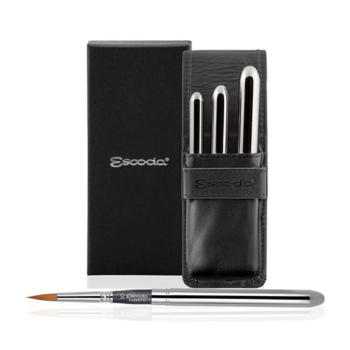 ESCODA BLACK LEATHER POUCH CASE WITH SILVER PLATED POCKET BRUSHES BAROQUE SERIES 1257