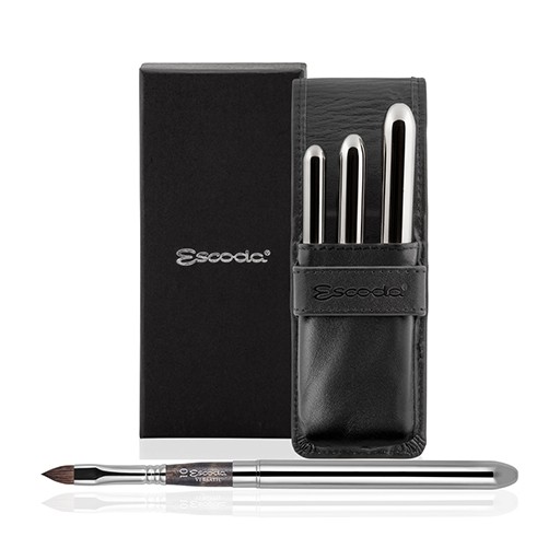 ESCODA BLACK LEATHER POUCH WITH SILVER PLATED POCKET BRUSHES VERSATILE 1260 SERIES