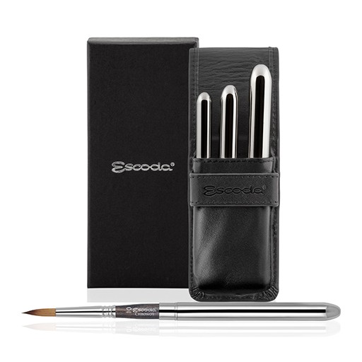 ESCODA BLACK LEATHER POUCH CASE WITH SILVER POCKET BRUSHES CHRONOS 1256 SERIES