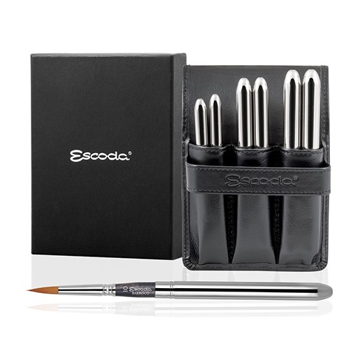 ESCODA BLACK LEATHER POUCH CASE WITH SILVER PLATED POCKET BRUSHES BAROQUE SERIES 1247