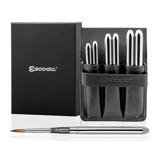 ESCODA BLACK LEATHER POUCH WITH SILVER PLATED POCKET BRUSHES CHRONOS SERIES 1246